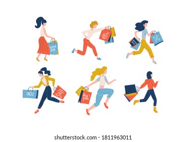 Collection of women carrying shopping bags taking part in seasonal sale. Set of shopper girls addicted to buying in shop, store, mall or showroom. Colorful flat vector illustration