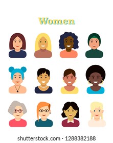 Collection of women characters vector illustration. 12 flat designed female characters - different ethnicity, age and style. Caucasian, African, Asian, Indian women. Isolated on white background.