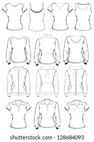 Collection of women clothes outline templates. vector illustration