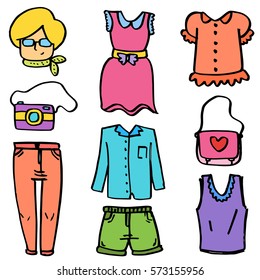 Collection of women clothes set doodles vector art