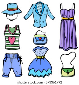 Collection of women clothes set doodles vector art