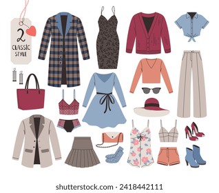 Collection of women clothing and accessories in a classic style. Vector of casual classic design, female bag accessory, object elegant and glamour illustration