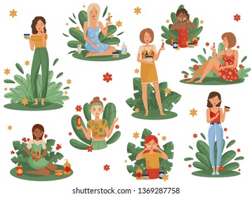 Collection women with cream on white background. Collection women with cream on white background.