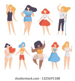 Collection of Women of Different Figure type and Height, Body Positive, Self Acceptance and Beauty Diversity Concept Vector Illustration