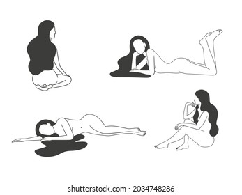 Colección de mujeres en diferentes poses. Ilustración vectorial de estilo minimalista aislada en fondo blanco