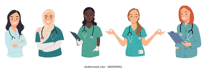 Collection of women doctor with stethoscope isolated on white background.Vector hand drawn illustration. Cartoon style. Flat design.