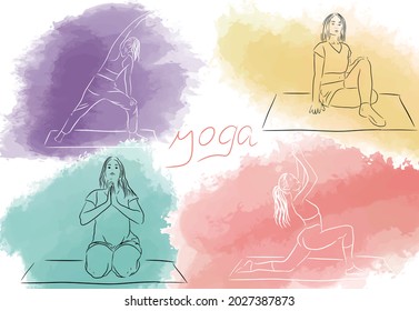 Collection of women doing yoga at home, meditation relaxation process, sports fitness without leaving home, set of yoga positions, cozy yoga, linear illustration, doodle style, vector watercolor spots