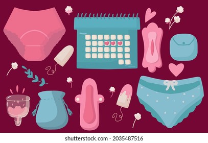 Collection of women eco-friendly pads, menstrual cup, tampons, girls panties. The concept of painful menstruation. Calendar with a mark of menstruation. Vector illustration in a modern flat style