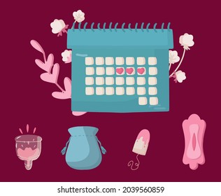 Collection of women eco-friendly pads, menstrual cup, tampons. The concept of painful menstruation. Calendar with a mark of menstruation. Vector illustration in a modern flat style