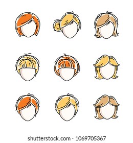 Collection of women faces, human heads. Diverse vector characters like red-haired and blonde females, beautiful ladies visage clipart and user profile.