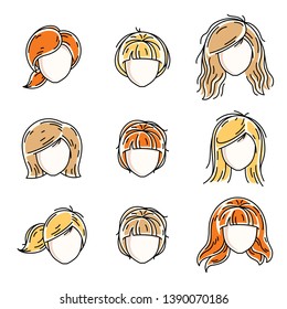 Collection of women faces, human heads. Diverse vector characters like red-haired and blonde females, beautiful ladies visage clipart and user profile.