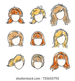 Collection of women faces, human heads. Diverse vector characters like red-haired and blonde females, beautiful ladies visage clipart and user profile.