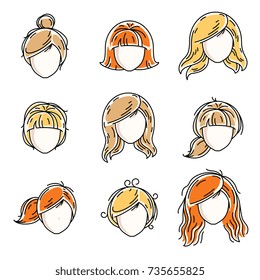 Collection of women faces, human heads. Diverse vector characters like red-haired and blonde females, beautiful ladies visage clipart and user profile.