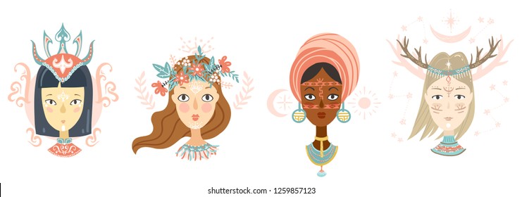 Collection of women faces, mystical hairstyles and accessories, different colors and nationalities. Avatars for blogs, brands.