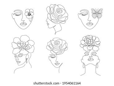 Collection of women faces in on line drawing style on white background.
