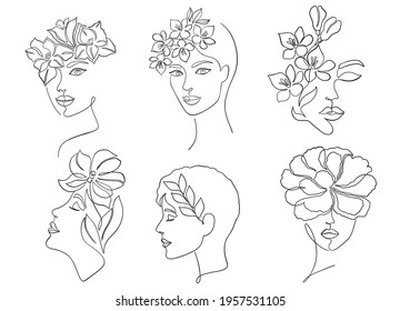 Collection of women faces in on line drawing style on white background.
