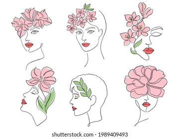 Collection of women faces in on line drawing style on white background.