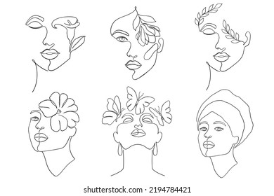 Collection of women faces in on line drawing style on white background.
