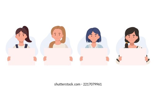 Collection of women holding blank placards. Happy women holding a banner. Vector illustration.