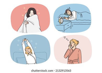 Collection of women in homewear awake from night sleep yawn and sigh feel fatigue. Set of girls in pajama awaken from nap or dream. Good and bad sleeping. Vector illustration. 