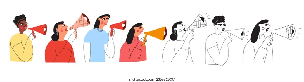 Collection of women with megaphones. Flat and outline design. Vector hand drawn illustrations on white background. 