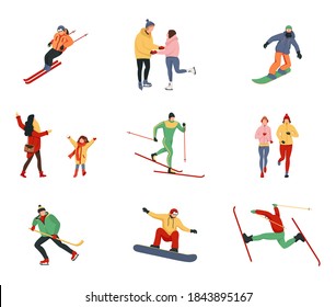 Collection of women and men performing winter activities skiing, snowboarding, ice skating, mountaineering. Outerwear skiing, ice skating, snowboarding, playing hockey.