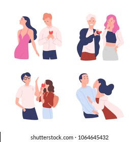 Collection of women and men trying to present their hearts to beloved one. Unrequited, one-sided or rejected love. Male and female cartoon characters isolated on white background. Vector illustration. Collection of women and men trying to present their hearts to beloved one. Unrequited, one-sided or rejected love. Male and female cartoon characters isolated on white background. Vector illustration.