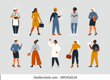 Collection of women people workers of various different occupations or professions wearing a professional uniform set vector illustration.