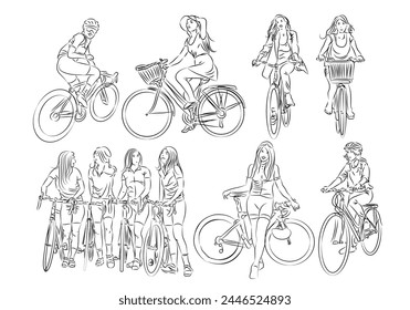 Un dibujo de boceto de colección de las mujeres montando bicicleta para el diseño de fondo.