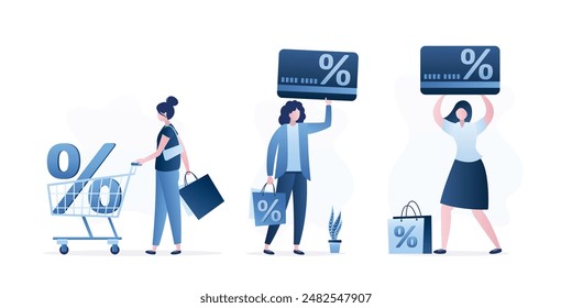 Collection of women shoppers with loyalty card, shopping trolley and clothes. Consumers shop in store or supermarket. Set of female characters, shopping and consumption process. vector illustration