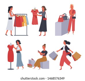 Collection of women shopping. Women choose to buy clothes, handbags and high heels in the store. Vector illustration in a flat style