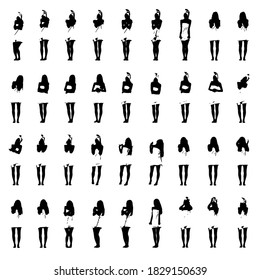 Collection of women silhouettes having different medical related problems like toothache, stomachache or headache symptoms. Full body layered vector illustration.