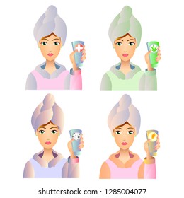 
Collection of women with a towel on the head and face cream. Cream against black dots, cream with hemp. Cosmetic procedure. Cosmetology. Facial skin care.