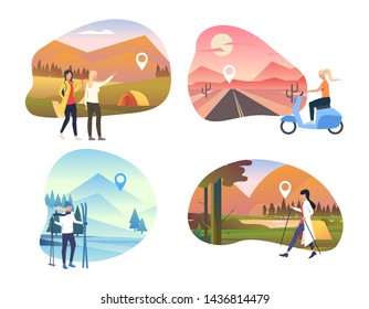 Collection of women travelling world. Flat cartoon characters hiking in hills. Can be used for brochure, tourism, adventure