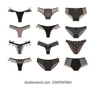 Collection of women underwear types panties, bikini, string, tanga. Underclothing vector set of underwear for female, woman clothing illustration