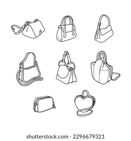 Collection of women's bags isolated on white background, line art, vector. Fashion illustration. Hand drawn.