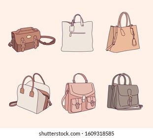 Collection of women's bags in various styles. hand drawn style vector design illustrations. 