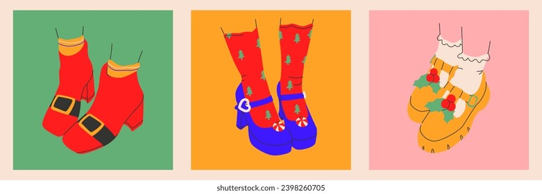 Collection of womens Christmas and New Year costume shoes icons with and without heels in a trendy style.isolated.Vector