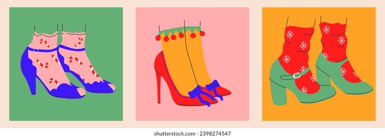 Collection of womens Christmas and New Year costume shoes icons in a trendy style.isolated.Vector