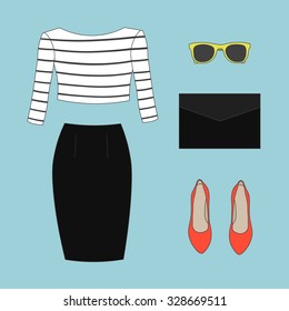 Collection of women's clothes: black skirt, a striped top, red shoes, yellow sunglasses, a black clutch