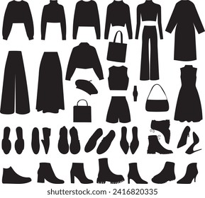 collection of women's clothing black silhouette, vector