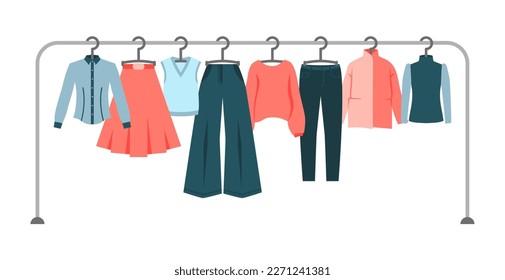 Collection of women's clothing on a hanger. Clothing store, boutique, spring, autumn, winter wardrobe, shopping. Shirt, skirt, vest, trousers, sweater, jeans, jacket, blouse. Flat vector illustration