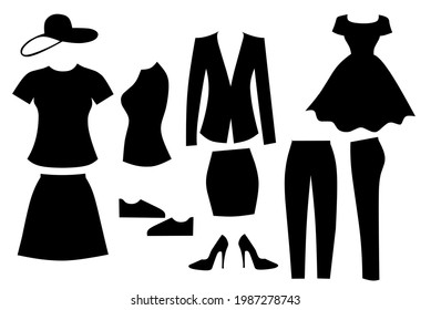 a collection of women's clothing silhouettes suitable for mockup designs for formal and informal clothing such as t-shirts, suits, pants, hats, ties, shoes, dresses