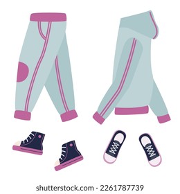 Collection of women's clothing.Vector illustration of blue jeans, sports jackets, sneakers in cartoon style. Isolated on a white background.