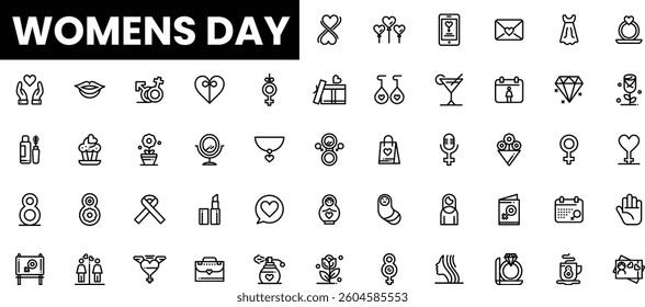 A collection of Women's Day icons in a minimalistic style, celebrating femininity.