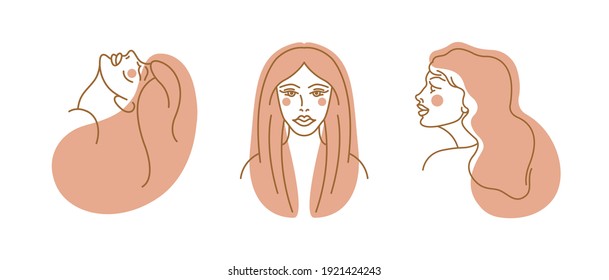 Collection of womens faces. Prints with portraits on the topic of cosmetology, hairdressing, medicine. Vector illustration in line and spot style. 