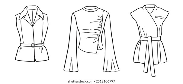 A collection of women's fashion clothes. Vector hand-drawn illustrations of beautiful blouses. Fashion sketches of women's fashion tops isolated on a white background.