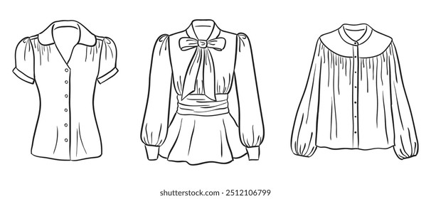 A collection of women's fashion clothes. Vector hand-drawn illustrations of beautiful blouses. Fashion sketches of women's fashion tops isolated on a white background.