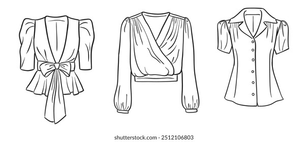 A collection of women's fashion clothes. Vector hand-drawn illustrations of beautiful blouses. Fashion sketches of women's fashion tops isolated on a white background.