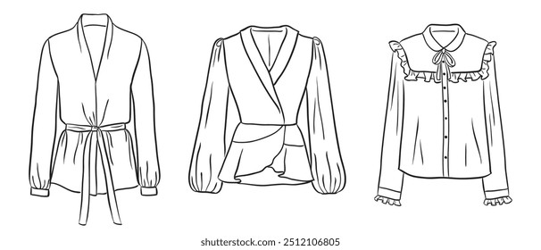 A collection of women's fashion clothes. Vector hand-drawn illustrations of beautiful blouses. Fashion sketches of women's fashion tops isolated on a white background.